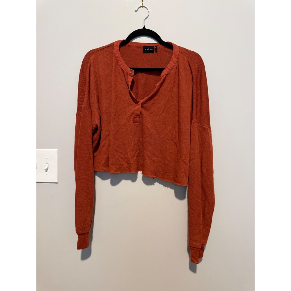 Out From Under Urban Outfitters Waffle Knit Cropped Henley Top Rust Orange L